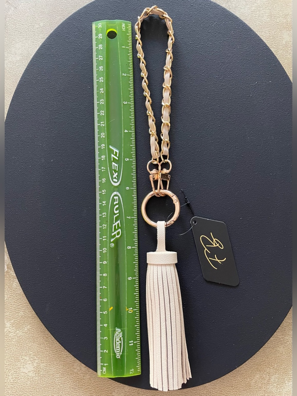 Faux Leather Cream & Gold Chain Tassel Keychain NWT